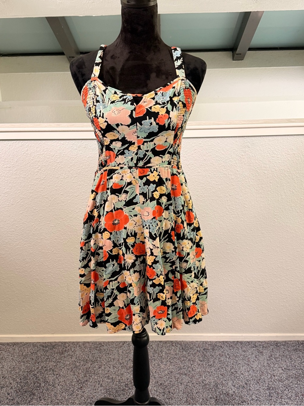 Kimchi Blue Black Mini Dress with Orange and Cream Floral Print